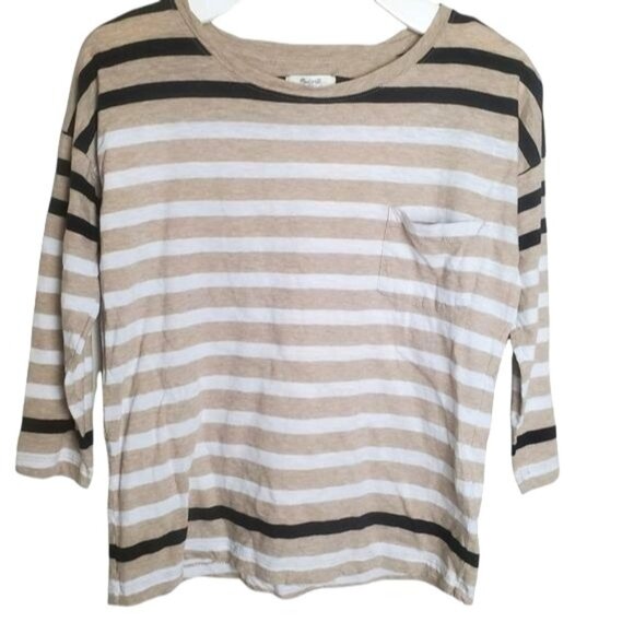 MADEWELL Womens Top Small 100% Cotton‎ Stripe Neutral Oatmeal 3/4 Pocket Cozy - Picture 1 of 8
